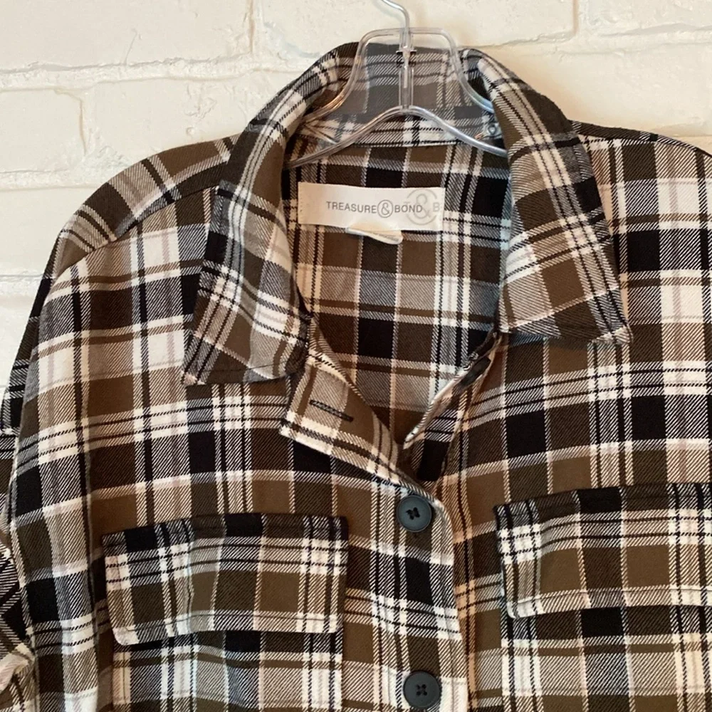 Treasure & Bond Olive, Black and Cream Plaid Shacket - M - Picture 2 of 7